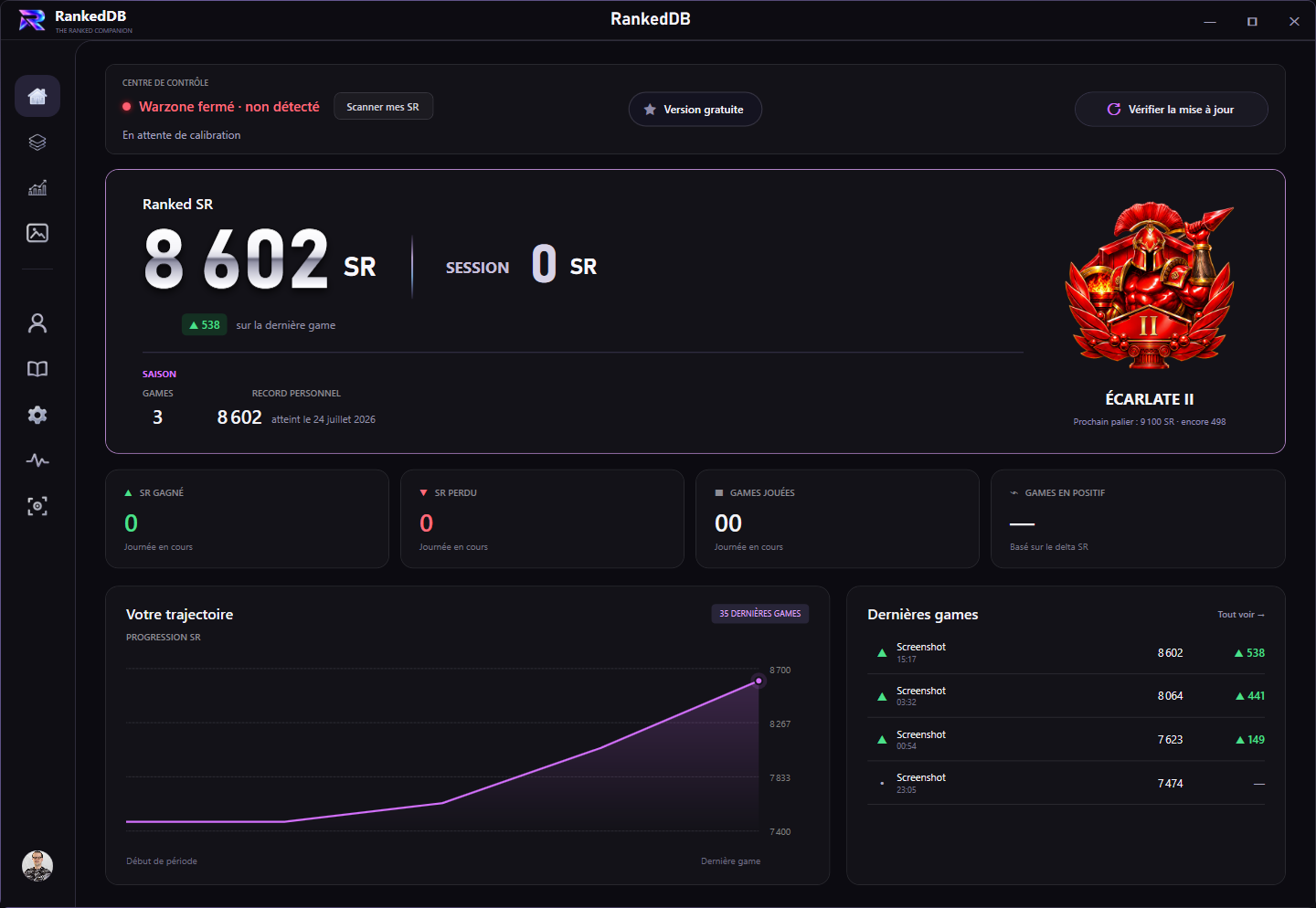 RankedDB dashboard: SR read automatically, history and overlay updated